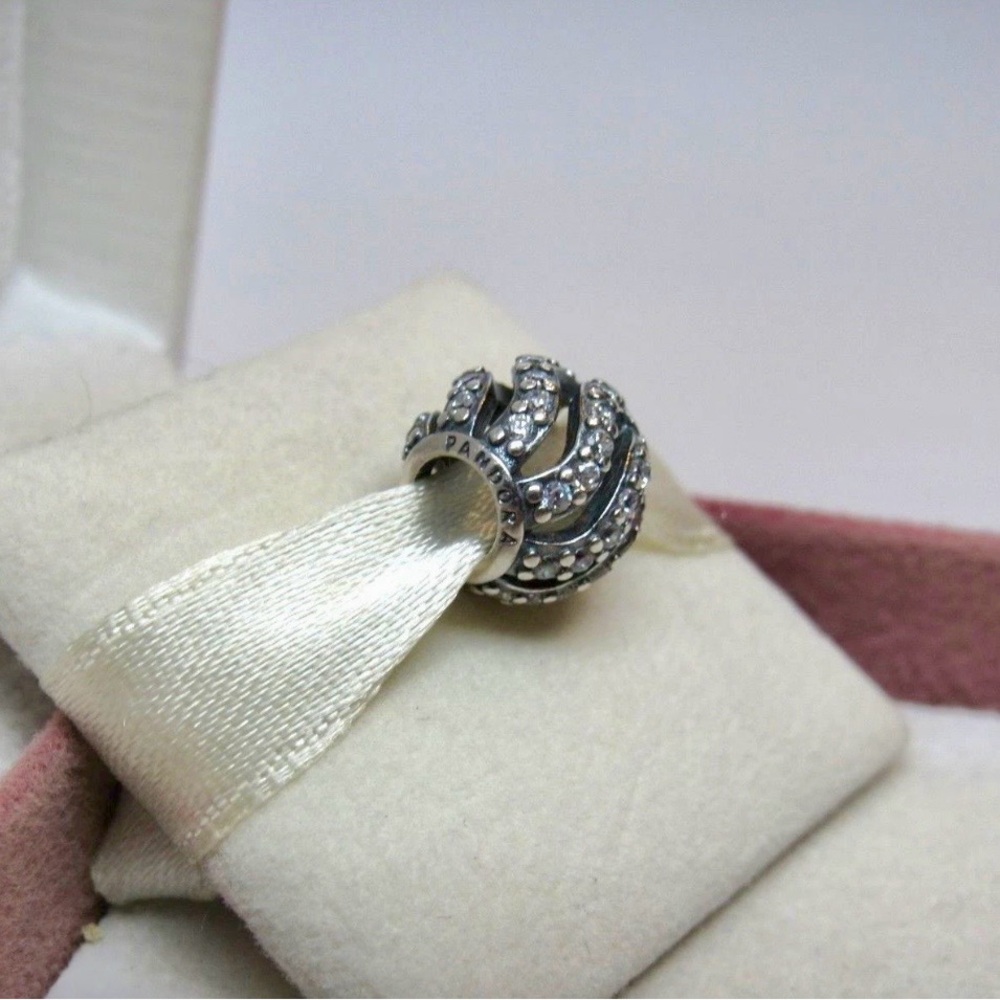 Pandora Retired Black Enamel Clear CZ Wave Clip Charm Sterling Silver 925 ALE - Picture 6 of 7
